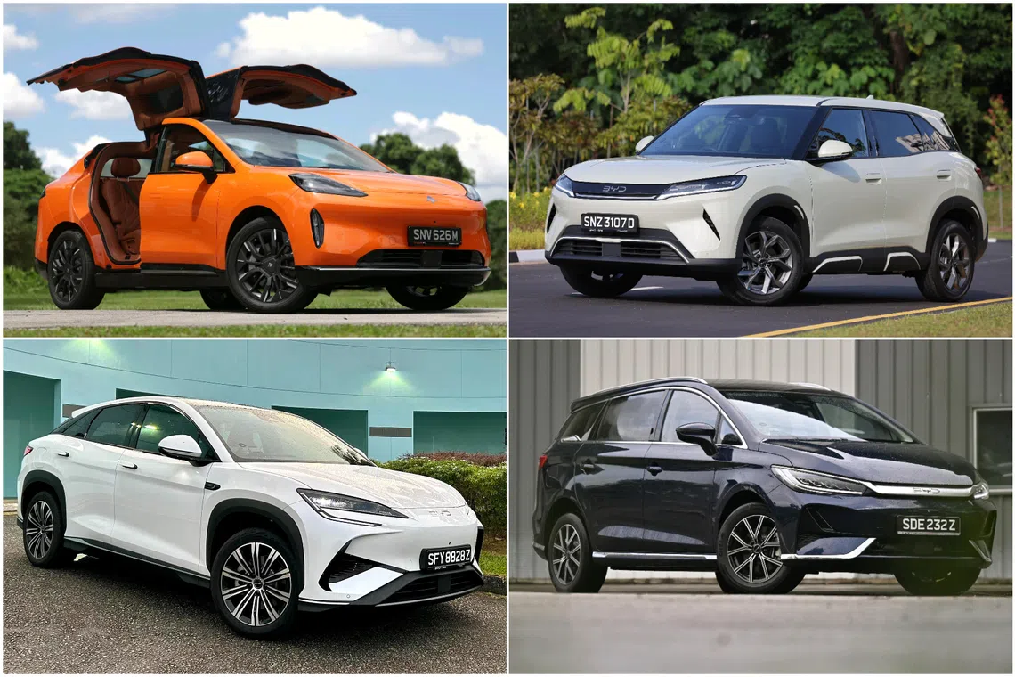 (Clockwise from top left) Aion Hyptec HT, BYD Atto 2, BYD M6, BYD SEALION 7.