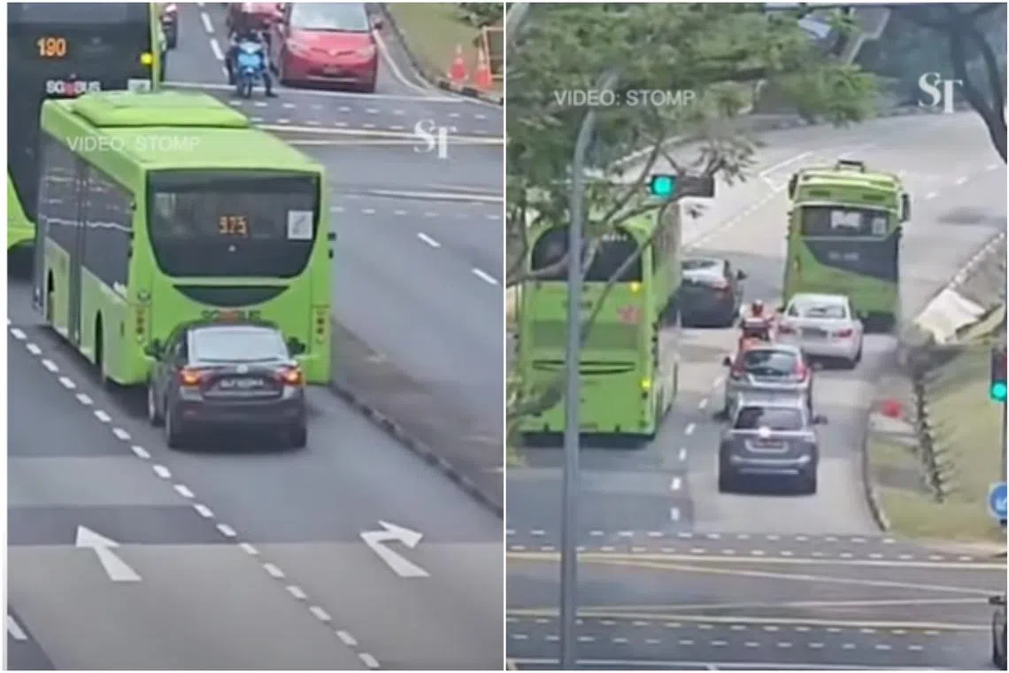A dark-coloured car is seen ramming into bus service 975 several times on the rightmost lane of the road, near a traffic junction.