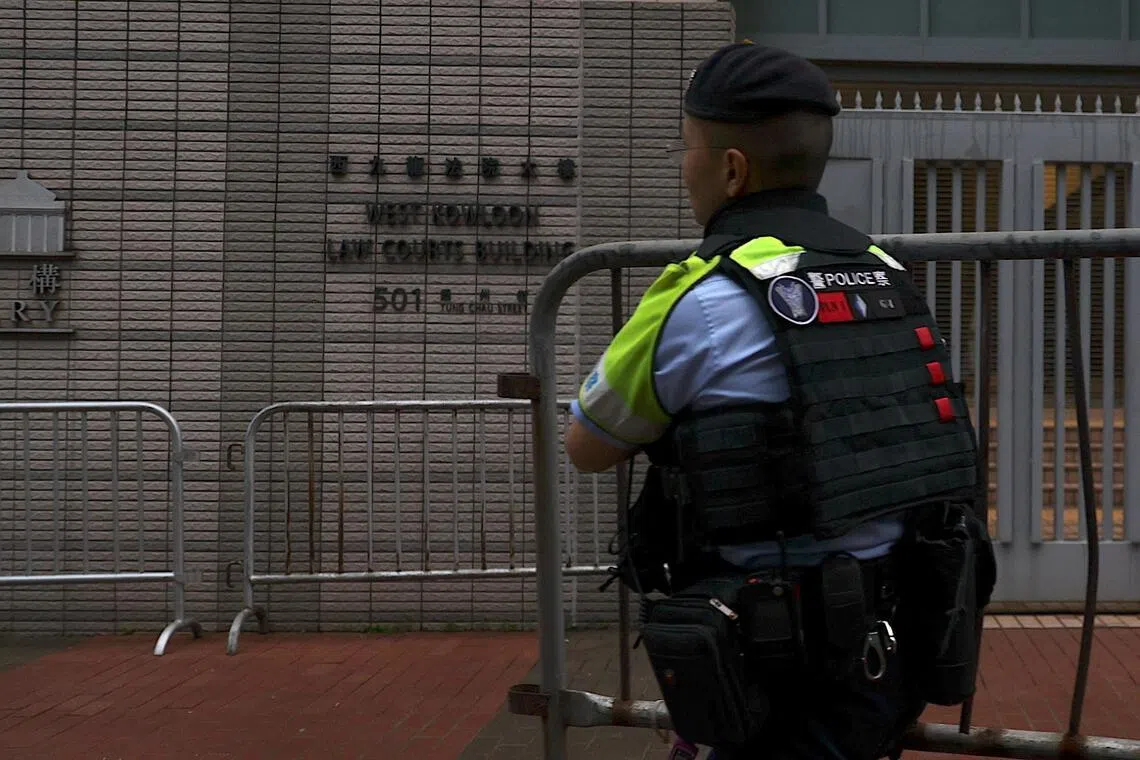 Barricade set up outside Hong Kong's West Kowloon Law Courts Building, sitting as the High Court, ahead of scheduled closing submissions.