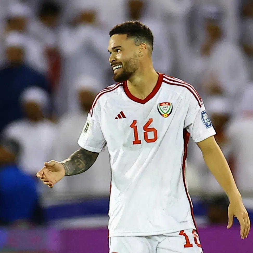 Soccer Football - FIFA World Cup - AFC Qualifiers - Group A - United Arab Emirates v Oman - Jassim Bin Hamad Stadium, Doha, Qatar - October 11, 2025 United Arab Emirates' Marcus Meloni celebrates scoring their first goal REUTERS/Ibraheem Al Omari