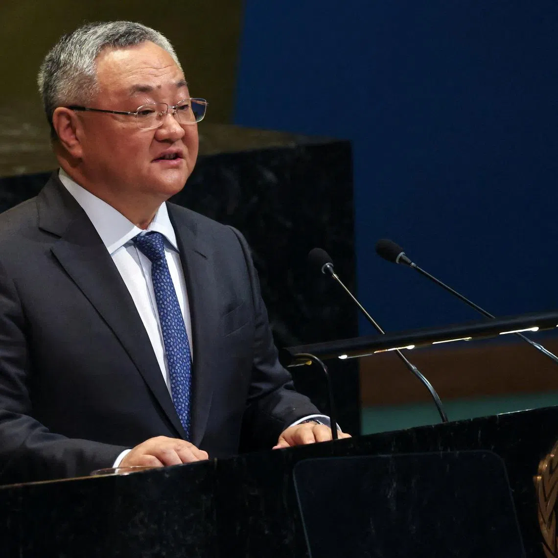China's ambassador to the United Nations (UN) Fu Cong addresses the UN General Assembly on the failure of the Security Council to pass a proposed Strait of Hormuz resolution, at the UN headquarters in New York City, U.S., April 16, 2026. REUTERS/Shannon Stapleton