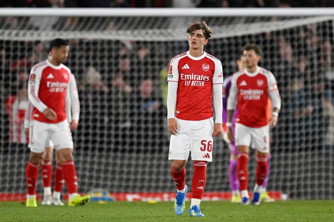 Arsenal's Max Dowman looking dejected after Southampton's Shea Charles scores their second goal on April 4.