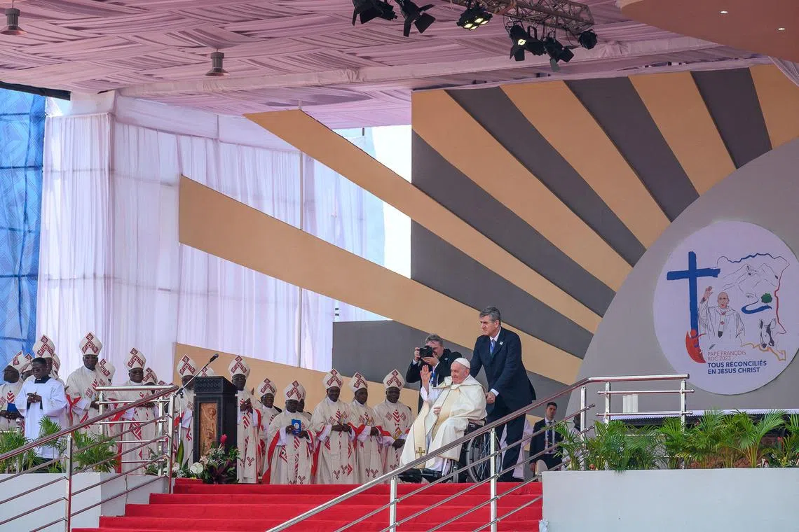 Pope Francis departs after presiding over the mass at the N'Dolo Airport in Kinshasa, Democratic Republic of Congo on Feb 1, 2023