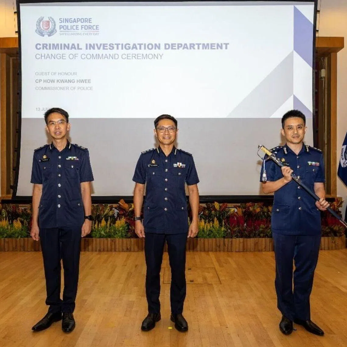 Commissioner of Police How Kwang Hwee (centre), with Deputy Commissioner of Police Zhang Weihan (left) and Senior Assistant Commissioner of Police Julius Lim Wei-Yang during the Change of Command Ceremony.