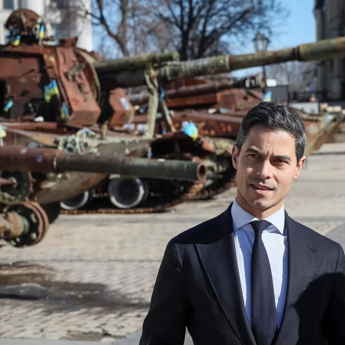 Dutch Prime Minister Rob Jetten visits an exhibition displaying destroyed Russian military vehicles, amid Russia's attack on Ukraine, in Kyiv, Ukraine March 8, 2026. REUTERS/Gleb Garanich