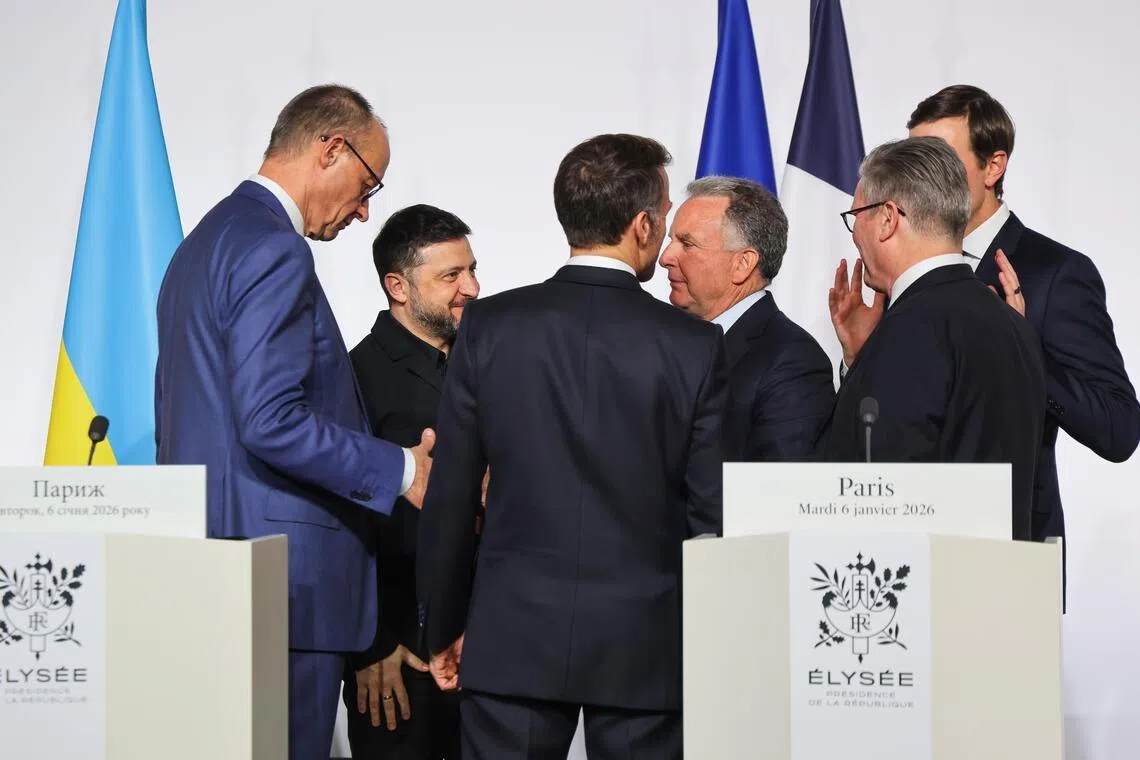 At the Coalition summit are (from left) German Chancellor Friedrich Merz, Ukrainian President Volodymyr Zelensky, French President Emmanuel Macron, US Special Envoy Steve Witkoff, British Prime Minister Keir Starmer and US envoy Jared Kushner (just seen).