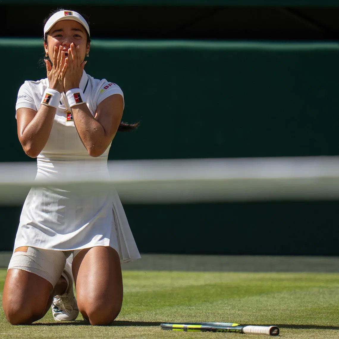 Jul 4, 2026; London, United Kingdom; Alexandra Eala of the Philippinesr celebrates winning her match against Iga Swiatek of Poland on day six at All England Lawn Tennis and Croquet Club.  Mandatory Credit: Susan Mullane-Imagn Images