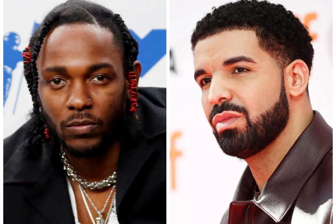 Rappers Kendrick Lamar (left) and Drake (right) are pictured in California, United States on Aug 27, 2017 and in Toronto, Canada, Septv9, 2017 respectively. Drake said Lamar's 2024 diss track Not Like Us defamed his reputation.