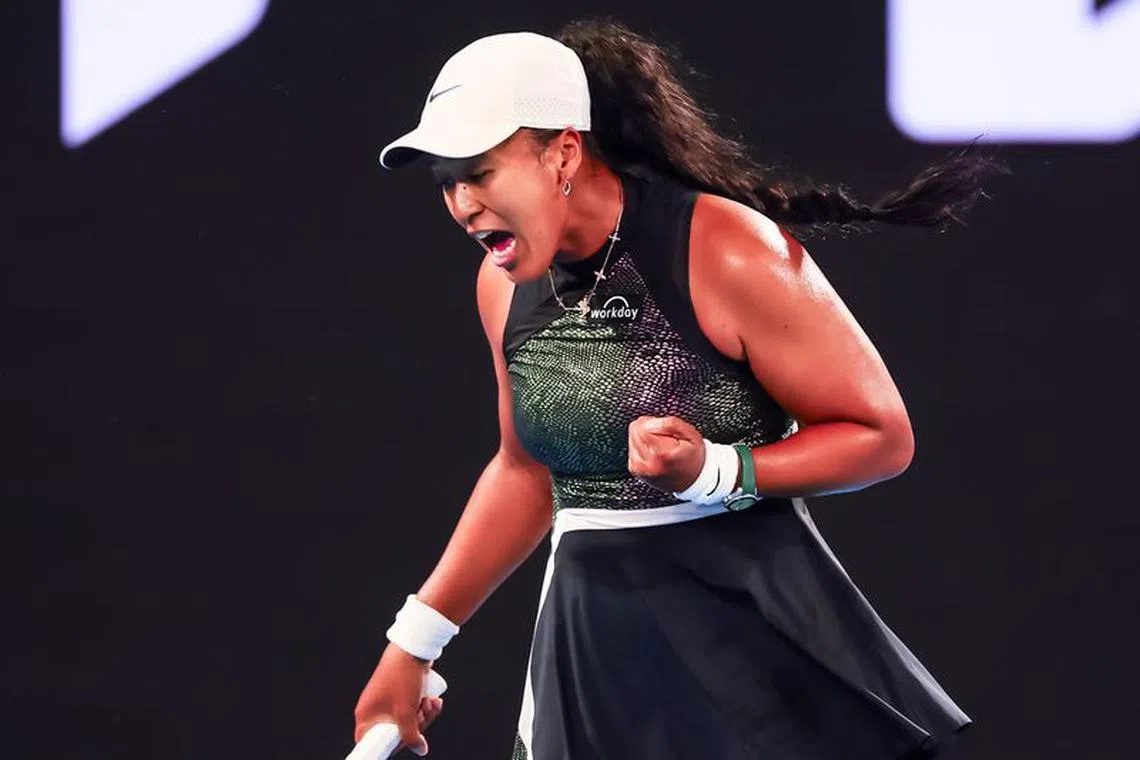 Jan 15, 2024; Melbourne, Victoria, Australia; Naomi Osaka of Japan wins a point against Caroline Garcia (not pictured) of France in Round 1 of the Women's Singles on Day 2 of the Australian Open tennis at Rod Laver Arena. Mandatory Credit: Mike Frey-USA TODAY Sports