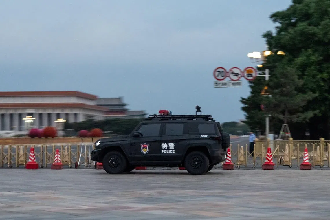 A police car is parked in the Tiananmen Square in Beijing, China, June 3, 2026. REUTERS/Maxim Shemetov