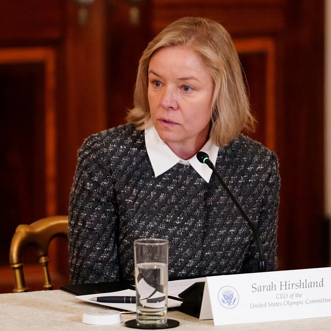 CEO of the U.S. Olympic and Paralympic Committee Sarah Hirshland speaks during a round table on collegiate sports in the White House in Washington, D.C., March 6, 2026. REUTERS/Nathan Howard