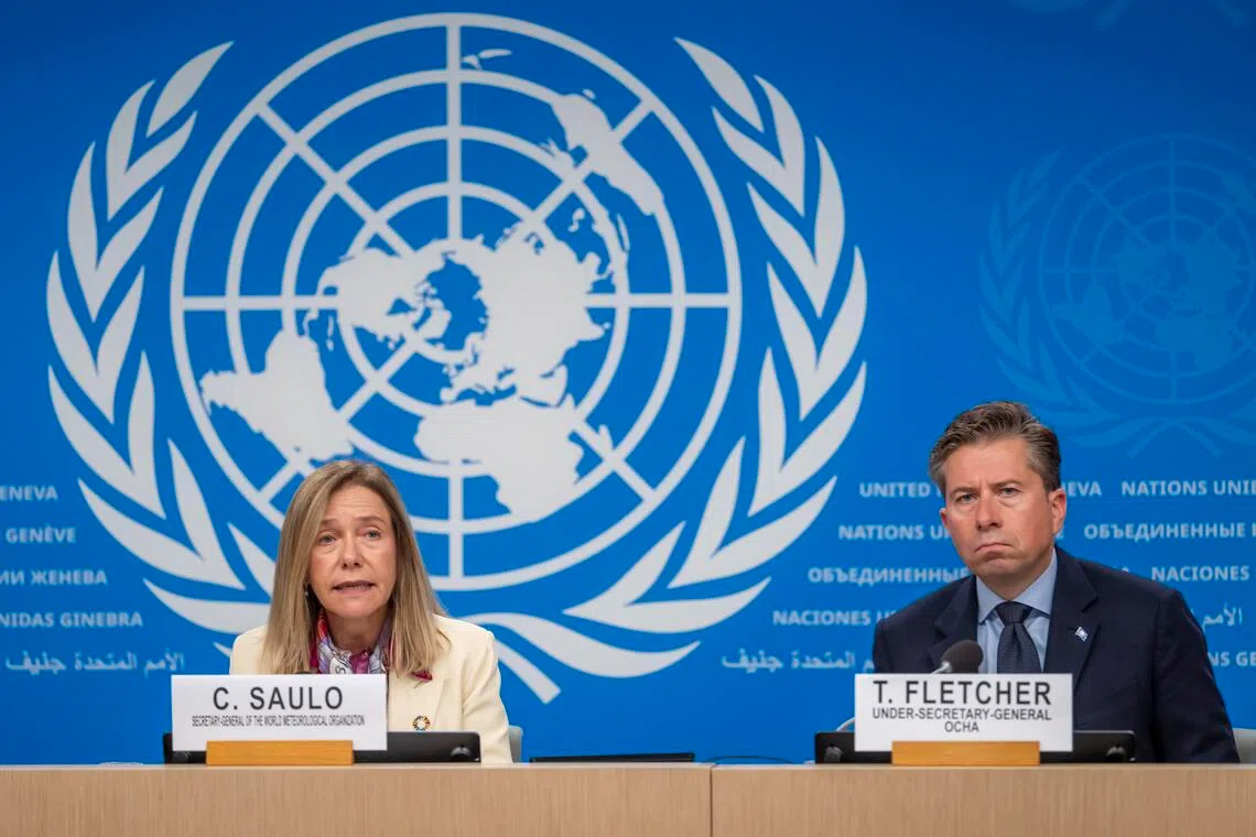 UN officials Celeste Saulo (left) and Tom Fletcher speaking at an El Nino press briefing on Oct 21, in Geneva, Switzerland.