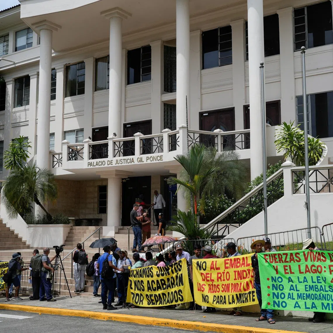 Demonstrators from communities affected by a $1.6 billion Panama Canal project to build a massive new water reservoir in Panama protest as community representatives introduce a lawsuit before the Supreme Court asking it to the declare the project unconstitutional, in Panama City, Panama, July 31, 2025. REUTERS/Enea Lebrun