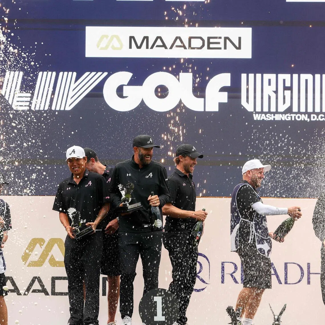 Anthony Kim, Dustin Johnson, Thomas Pieters and Thomas Detry of 4Aces GC during day four of LIV Golf Virginia at Trump National Golf Club on May 10, 2026.