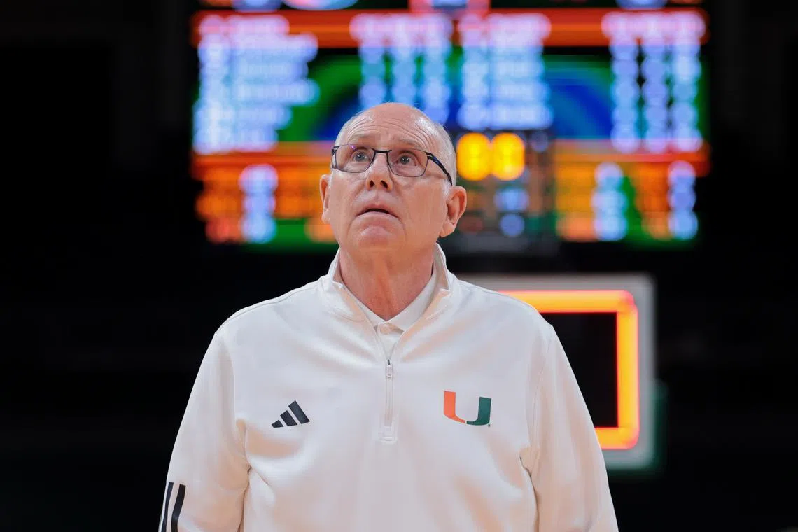 FILE PHOTO: Dec 3, 2024; Coral Gables, Florida, USA; Miami Hurricanes head coach Jim Larranaga looks on after the game against the Arkansas Razorbacks at Watsco Center. Mandatory Credit: Sam Navarro-Imagn Images/File photo