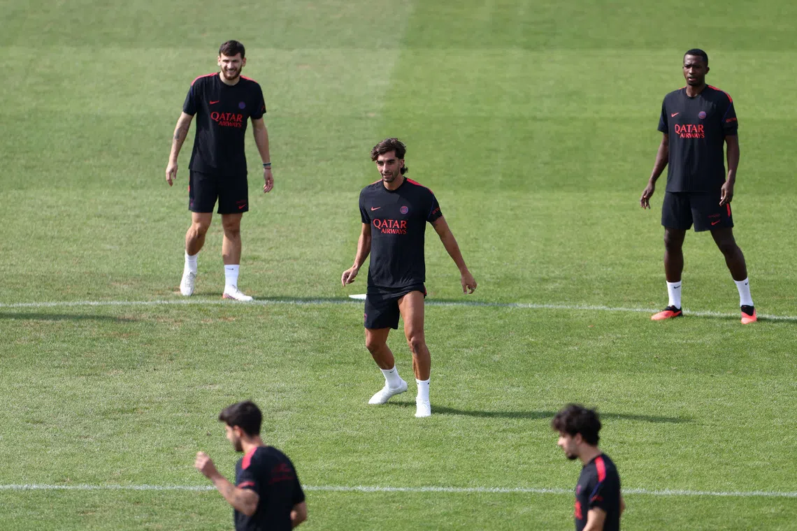 Ferran Torres (centre) taking part in a training session with his new club Paris Saint-Germain on Aug 15.