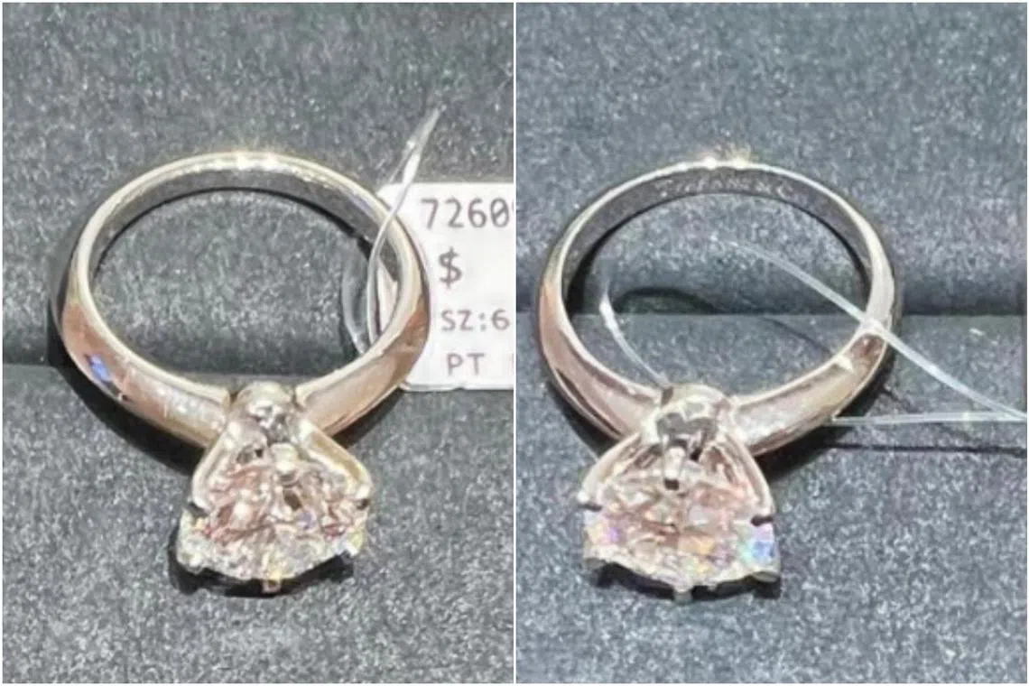 The replica ring (left) which Wu Youquan used to swop with a diamond ring worth $318,000 (right).