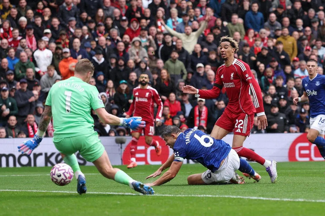Liverpool's Hugo Ekitike scores their second goal in the 2-1 Premier League win over rivals Everton.