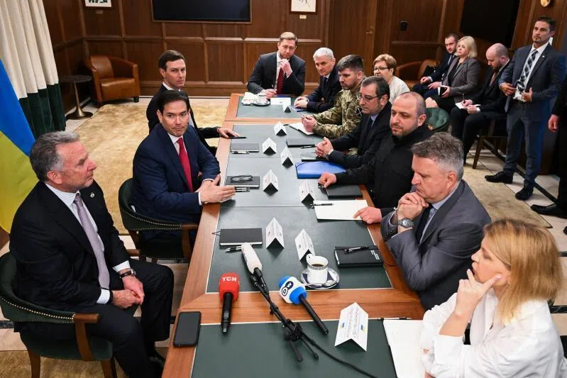 US Secretary of State Marco Rubio (centre left), flanked by White House Special Envoy Steve Witkoff and Mr Jared Kushner, during a meeting with Ukrainian officials headed by national security council secretary Rustem Umerov (centre right) in Hallandale Beach, Florida.