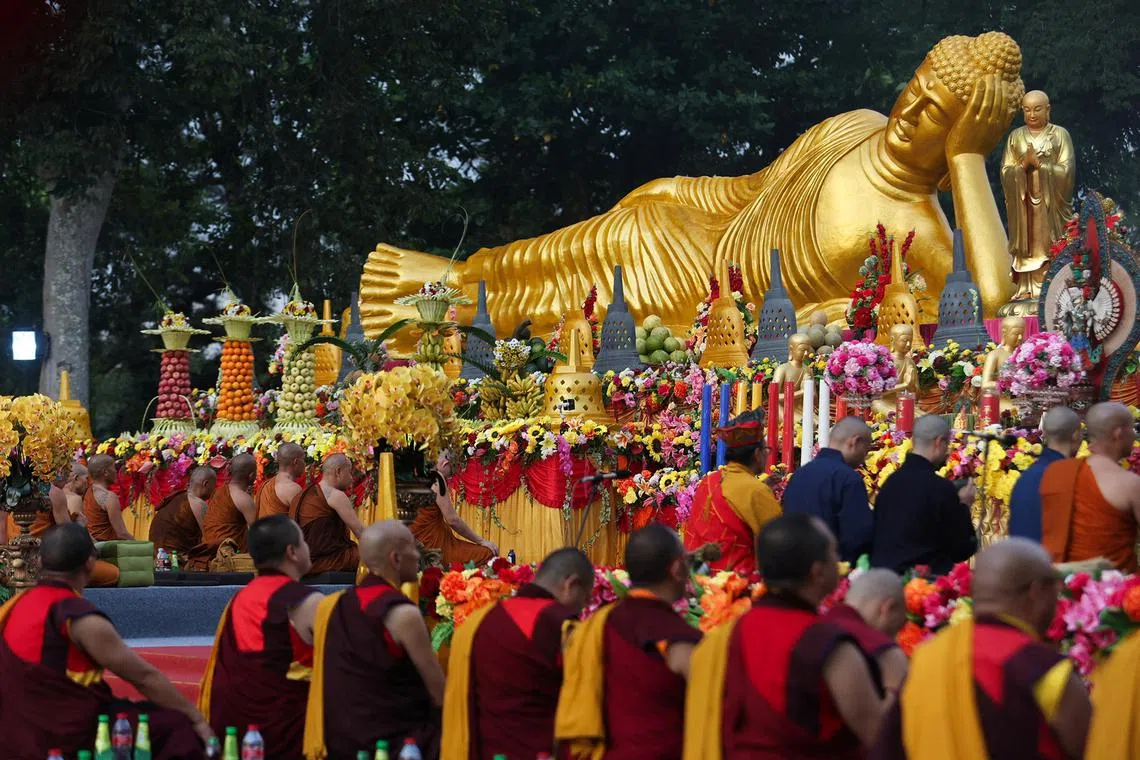 Buddhist monks taking part in Vesak Day, an annual celebration of the Buddha's birth, enlightenment, and passing, at Borobudur temple in Magelang, Central Java province, Indonesia, May 12, 2025. 