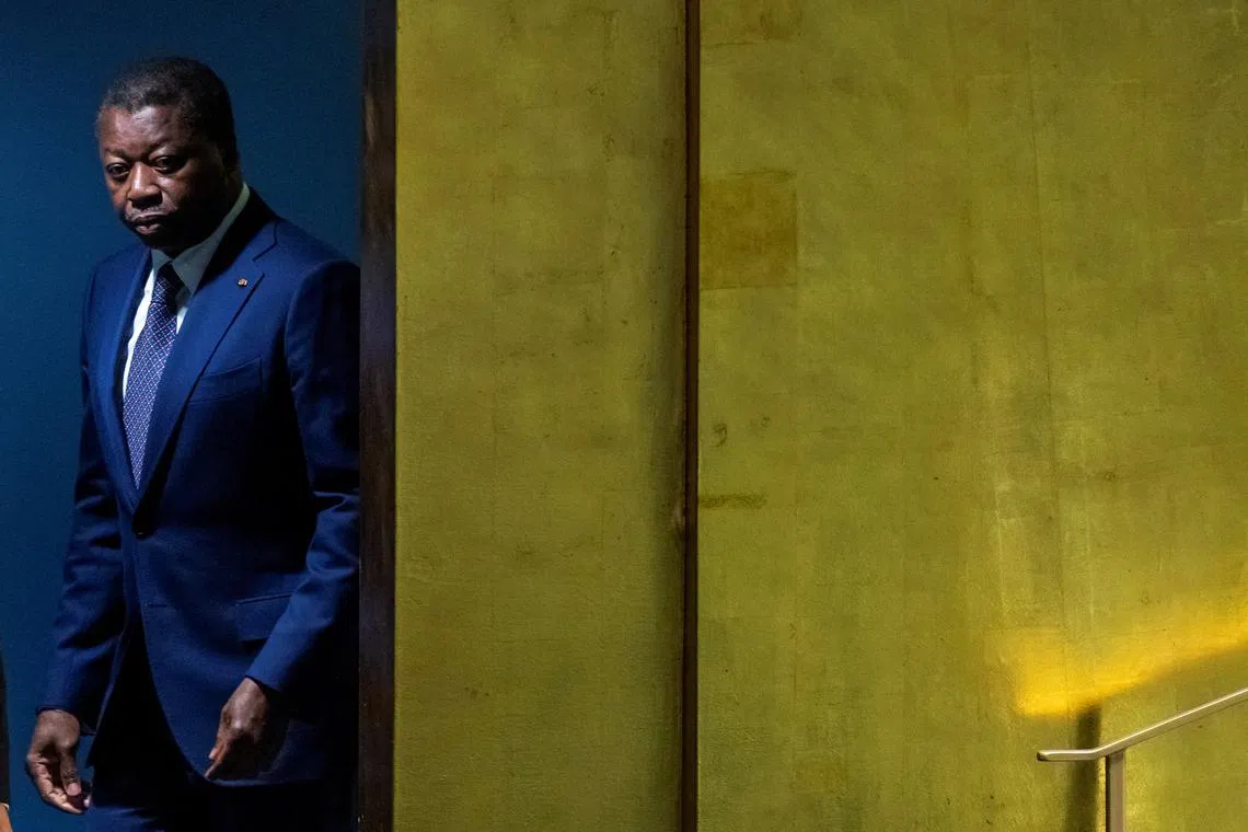 FILE PHOTO: Togo's President Faure Essozimna Gnassingbe walks to address the 79th United Nations General Assembly at U.N. headquarters in New York, U.S., September 25, 2024.  REUTERS/Eduardo Munoz/File Photo