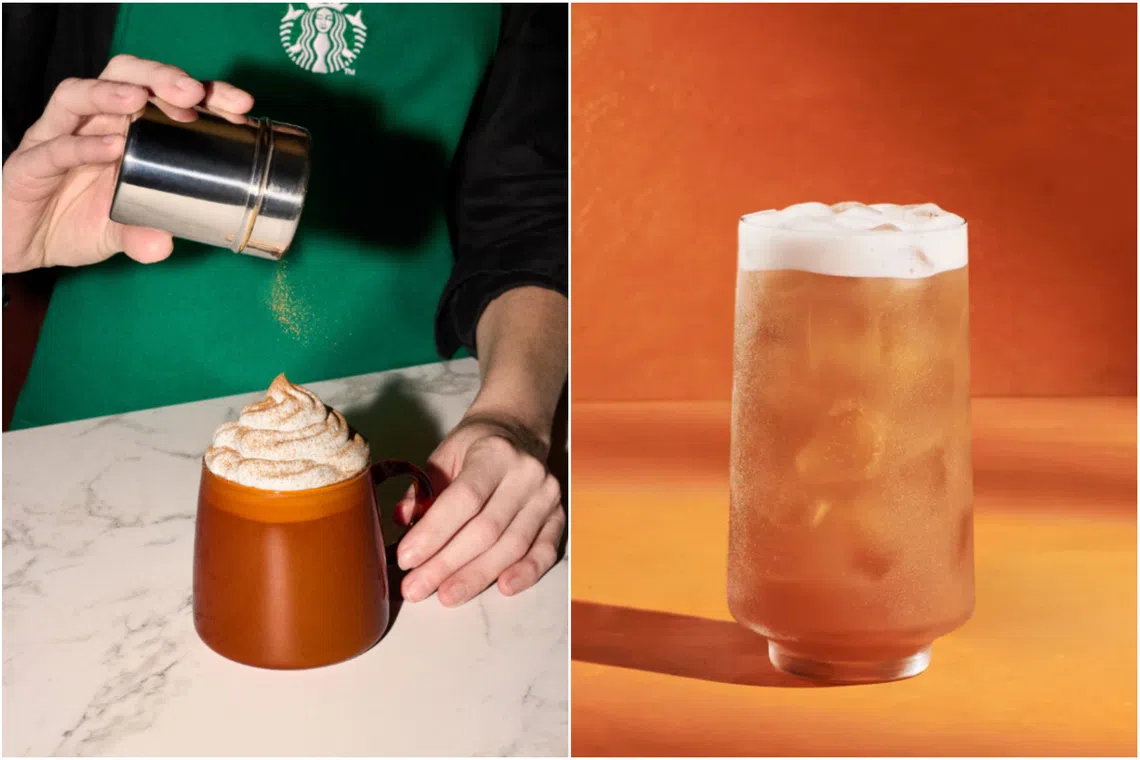 Starbucks is bringing back its pumpkin spice latte (left) for the fall season, and introducing a new product: the iced chaider (right).