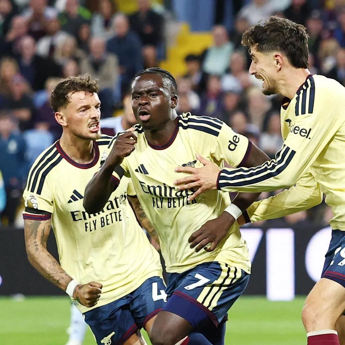 Bukayo Saka (centre) netted with a close-range finish in the second half at Villa Park to make it two successive victories at the start of the season for Arsenal.