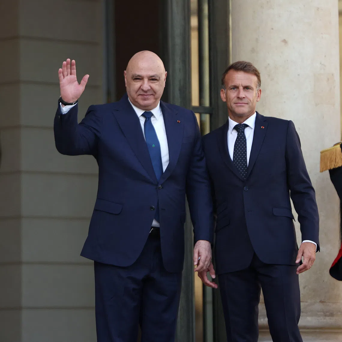 French President Emmanuel Macron welcomes Lebanese President Joseph Aoun as he arrives for a bilateral meeting at the Elysee Palace in Paris, France, September 17, 2026. REUTERS/Abdul Saboor