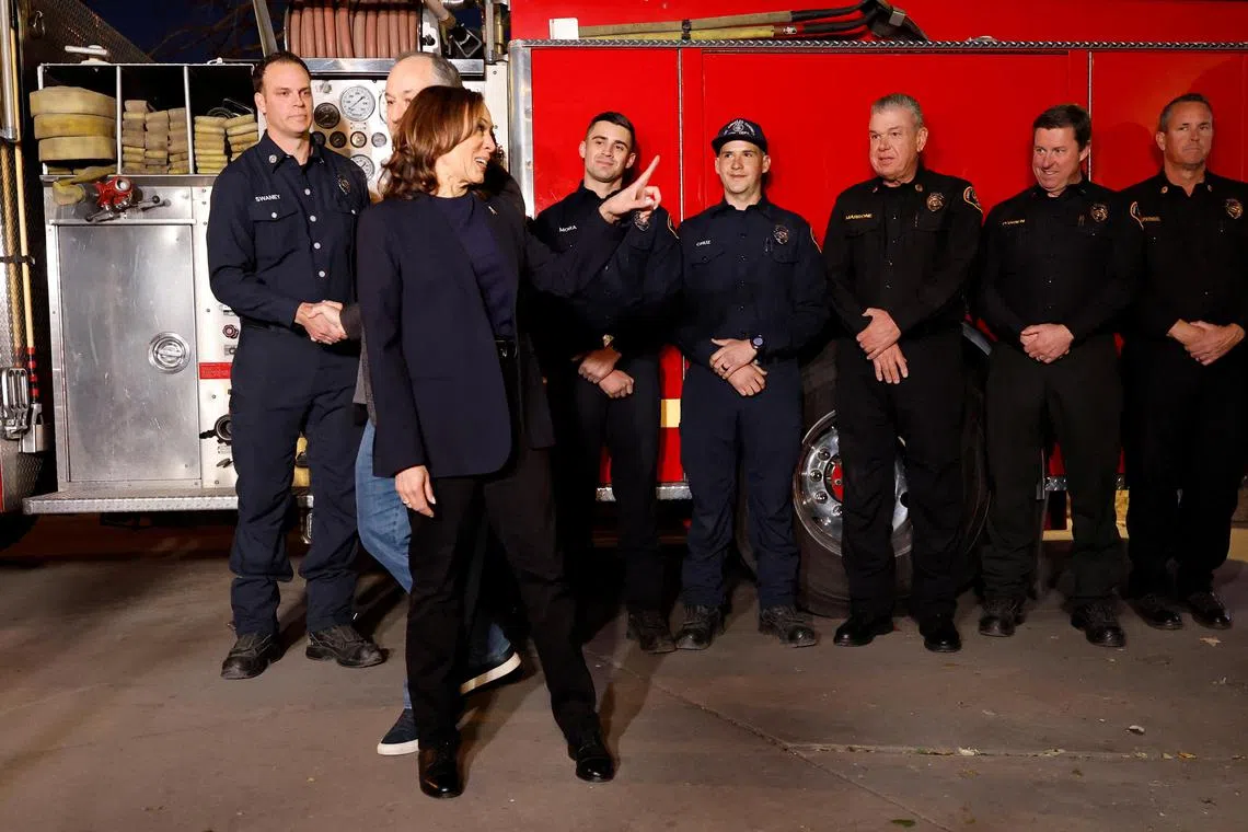 Former U.S. Vice President Kamala Harris visits a fire station, upon her return from President Donald Trump’s Inauguration, In Altadena, California, U.S. January 20, 2025.  REUTERS/Fred Greaves