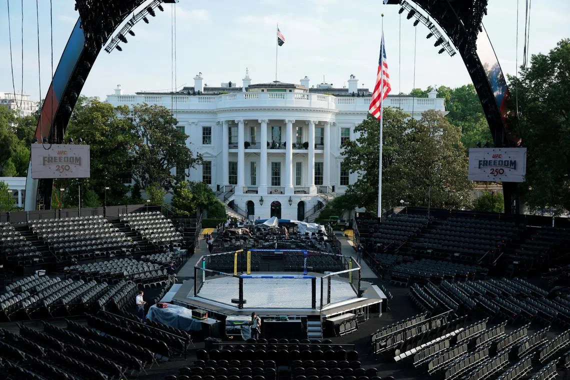 A view of the setup ahead of the UFC Freedom 250 fights on the South Lawn of the White House in Washington, D.C., U.S., June 11, 2026. REUTERS/Evan Vucci