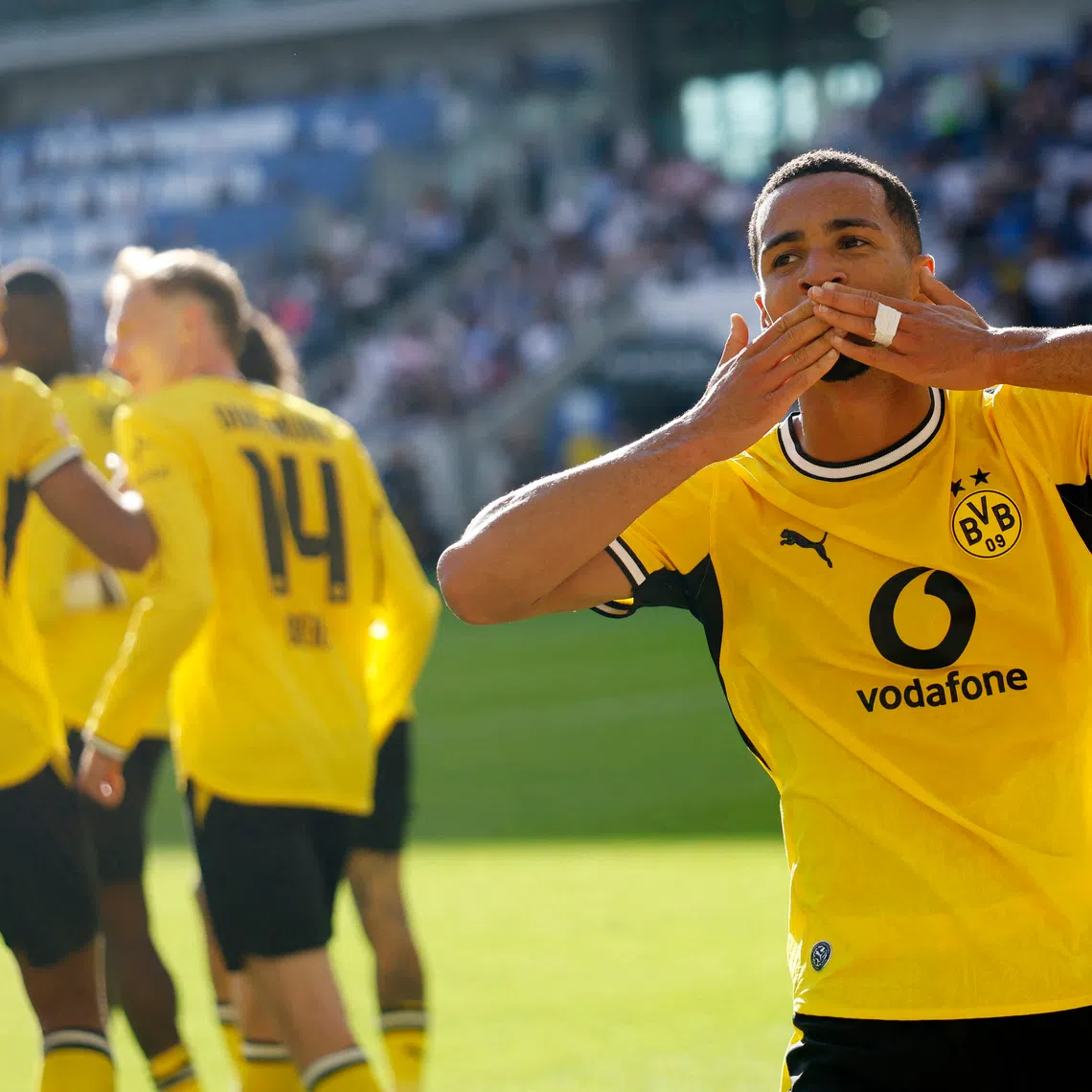 Soccer Football - Bundesliga - TSG 1899 Hoffenheim v Borussia Dortmund - PreZero Arena, Sinsheim, Germany - September 5, 2026 Borussia Dortmund's Ethan Nwaneri celebrates after TSG 1899 Hoffenheim's Albian Hajdari scores an own goal and Borussia Dortmund's third REUTERS/Heiko Becker