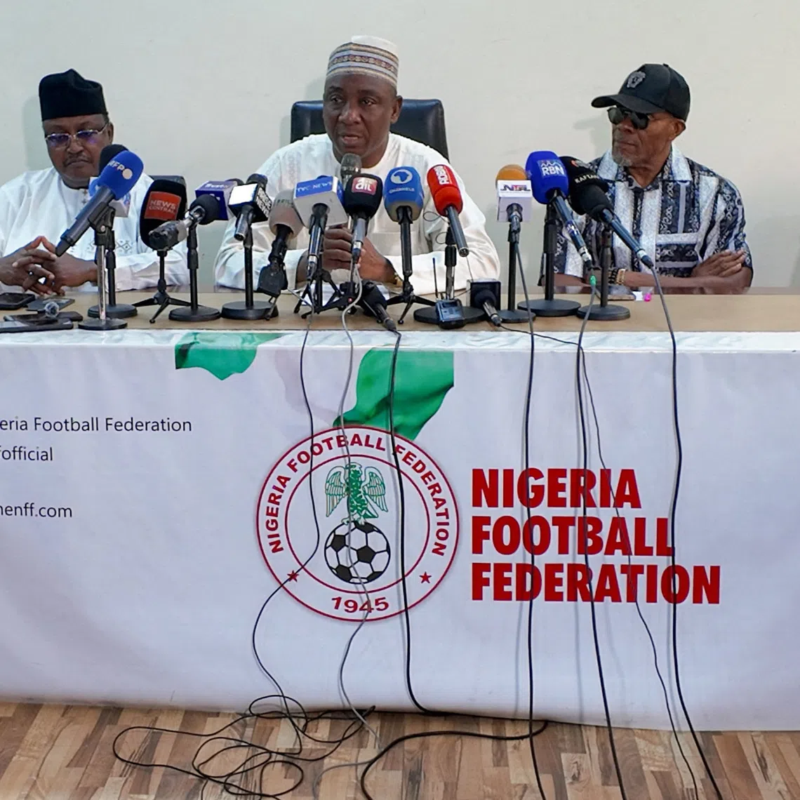 Nigeria Football Federation (NFF) President Ibrahim Musa Gusau speaks at a press conference where he announced his resignation, along with the federation's general secretary and executive committee members, at the NFF Secretariat in Abuja, Nigeria, August 27, 2026. REUTERS/Greg Terlumun