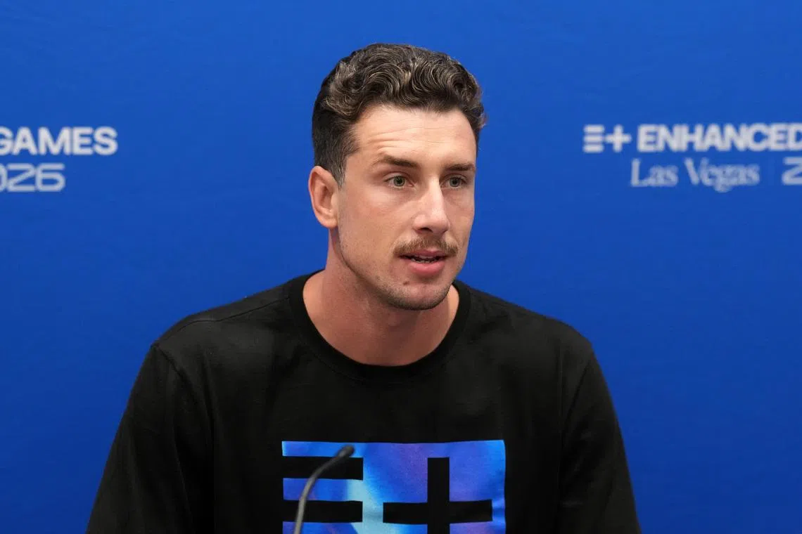 May 22, 2026; Las Vegas, NV, USA; Kristian Gkolomeev (Swimming) at Enhanced Games press conference at Resorts World Las Vegas. Mandatory Credit: Kirby Lee-Imagn Images