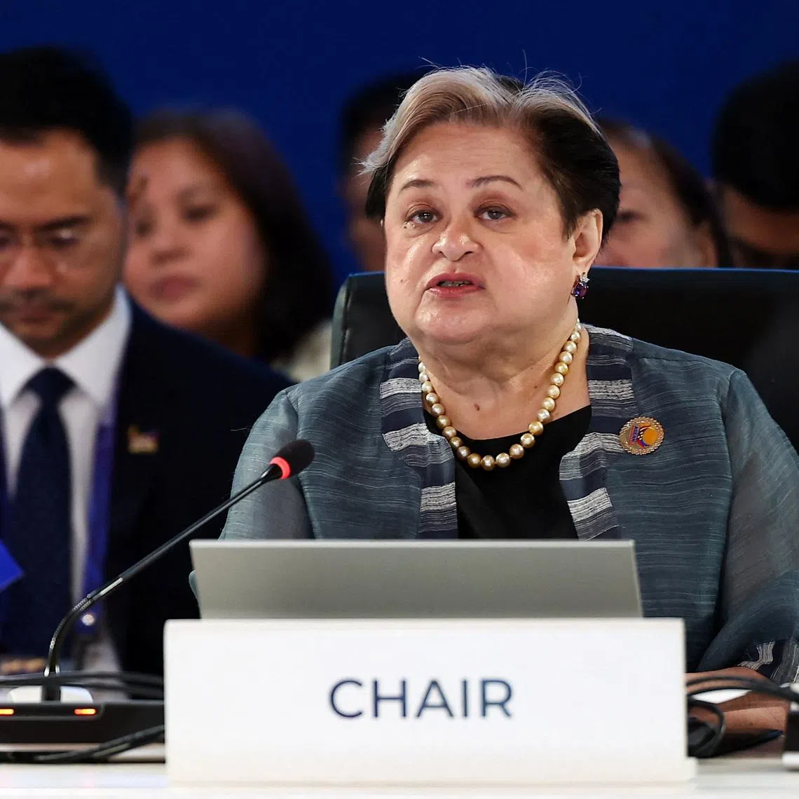 Association of Southeast Asian Nations (ASEAN) Chair and Philippine Foreign Affairs Secretary Theresa Lazaro delivers an opening statement during the ASEAN Foreign Ministers' Meeting ahead of the 48th ASEAN Summit and Related Meetings in Cebu City, Philippines, May 7, 2026. REUTERS/Eloisa Lopez