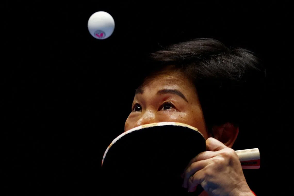 Luxembourg's Ni Xia Lian in action during the women's round of 16 match at the ITTF World Table Tennis Championships Finals London 2026, held at the OVO Arena Wembley, in London, Britain, on May 6, 2026.