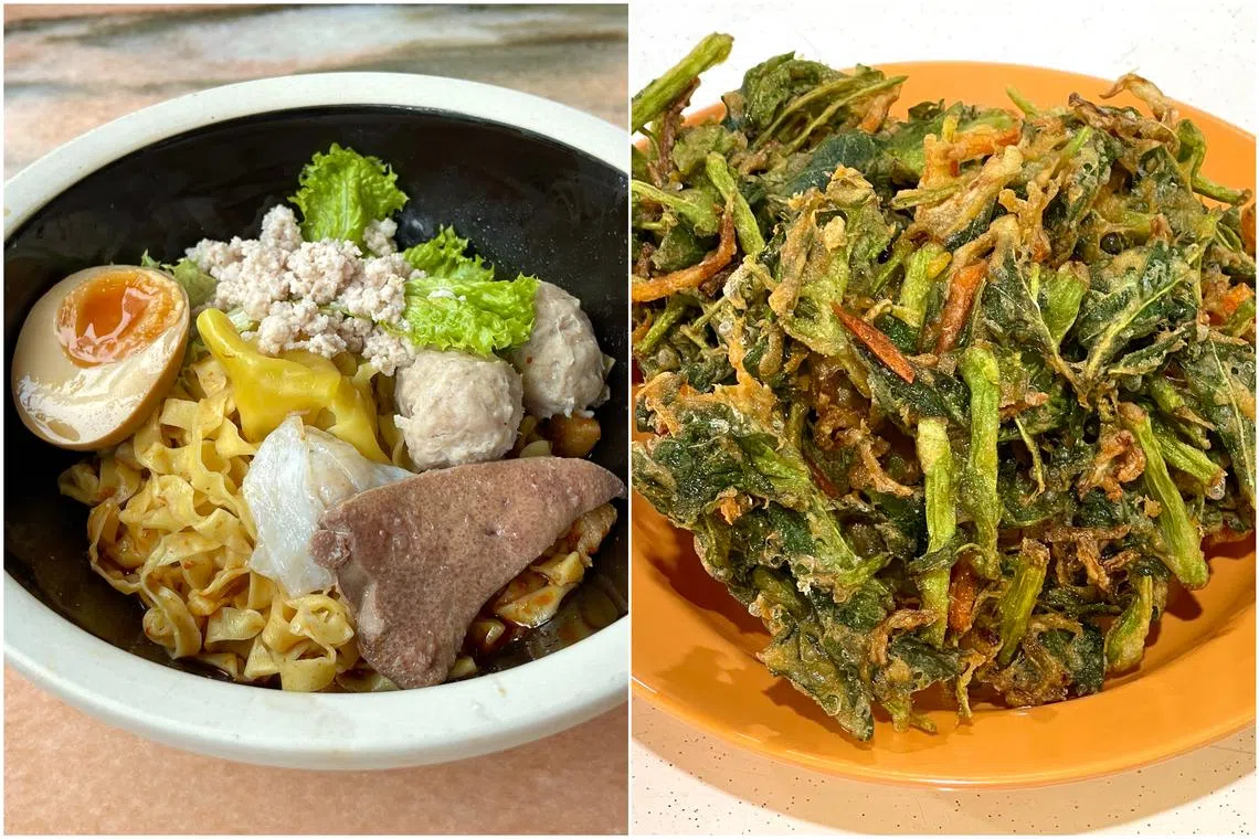 Guan’s Classic Mee Pok (left) and Vegetable fritters at Jia Le Vegetarian in Yishun.