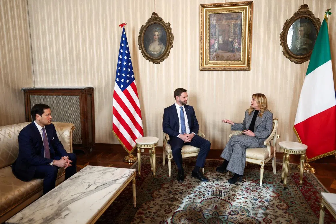 U.S. Secretary of State Marco Rubio attends U.S. Vice President JD Vance bilateral meeting with Italian Prime Minister Giorgia Meloni during Vance's visit to the Milano Cortina 2026 Winter Olympics in Milan, Italy, February 6, 2026. REUTERS/Kevin Lamarque/Pool