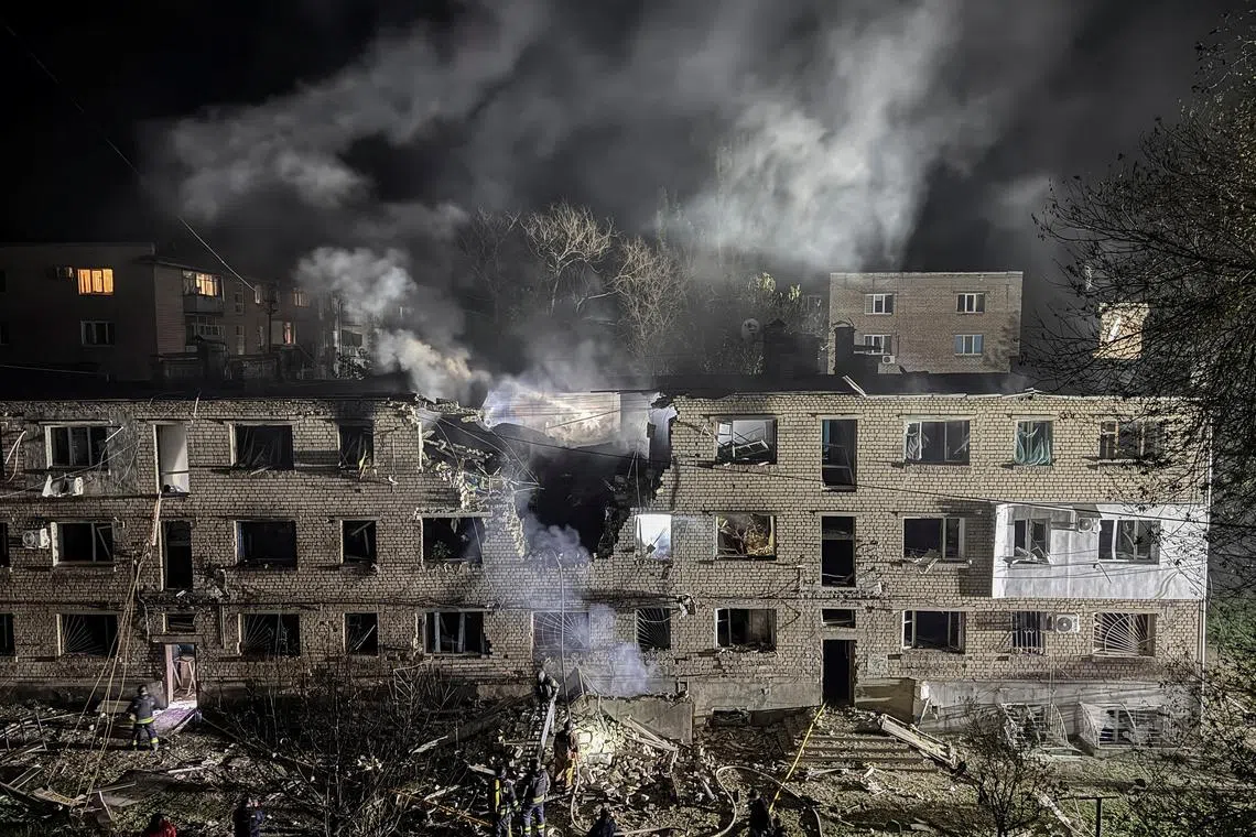 An apartment building that was hit by a Russian drone strike on May 1, in the Ukrainian city of Zaporizhzhia.