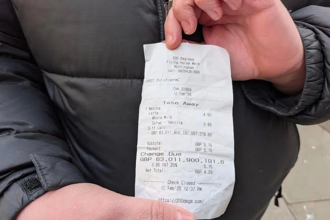 Ms Sophie Downing was given a receipt that showed her remaining balance as more than £63 quadrillion (S$108 quadrillion).