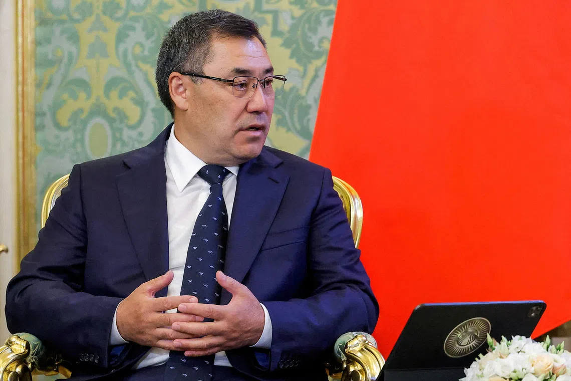 FILE PHOTO: Kyrgyz President Sadyr Japarov attends a meeting with his Russian counterpart Vladimir Putin at the Kremlin in Moscow, Russia, July 2, 2025. REUTERS/Maxim Shemetov/Pool/File Photo