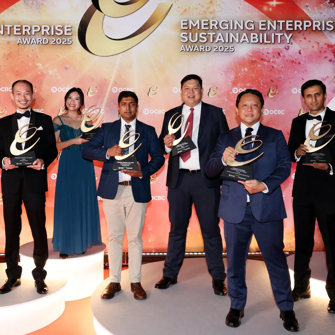 (From left) Evo Commerce CEO Roy Ang, Mesh Bio CEO Andrew Wu, Dododots founder Esther Erin, Hivebotics CEO Rishab Patwari, My Care Healthcare CEO Francis Ho, Green Environmental Engineering managing director Eddy Wee and Hydroleap chief financial officer Kailash Nichani.