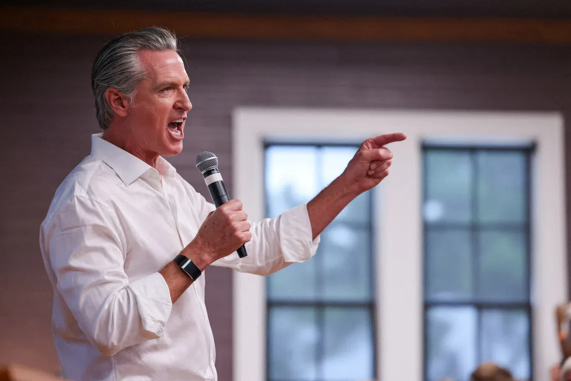 FILE PHOTO: California Governor Gavin Newsom speaks as he meets voters and local leaders while campaigning for Democrats ahead of mid-term elections in Aiken, South Carolina, U.S. September 4, 2026.  REUTERS/Sam Wolfe/File Photo