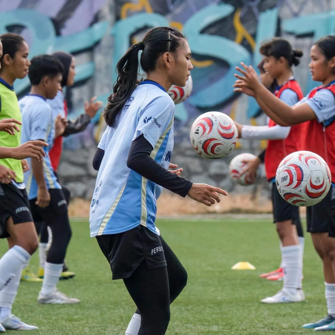 Persita Tangerang’s players performing drills during training in Tangerang, Banten province, Indonesia, on Sept 26.
