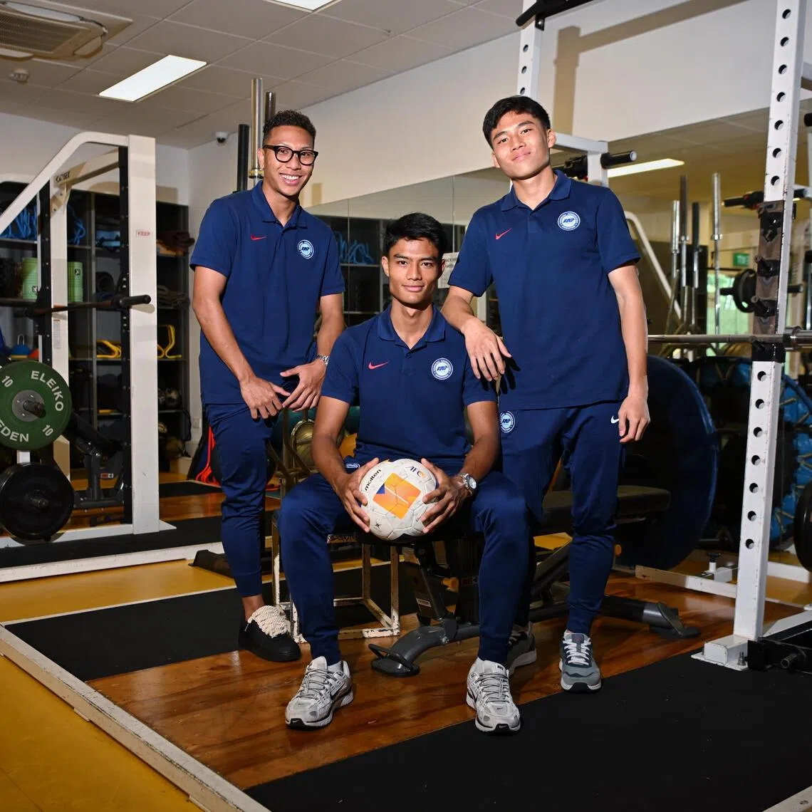 (From left) Footballers Amir Syafiz, Raoul Suhaimi, and Jonan Tan during the SEA Games media day for the Under-22 football team at Jalan Besar Stadium on Nov 24. 