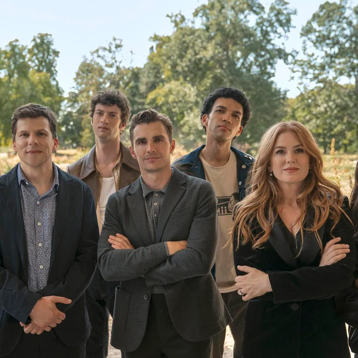 (From left) Woody Harrelson, Jesse Eisenberg, Dominic Sessa, Dave Franco, Justice Smith, Isla Fisher and Ariana Greenblatt in Now You See Me: Now You Don't.