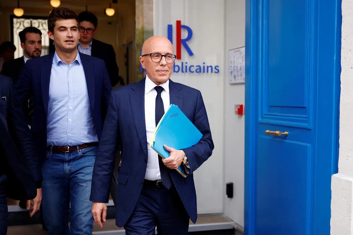 Eric Ciotti, head of the French conservative party Les Republicains,  leaving the party headquarters in Paris on June 11. He shocked his party by calling for an alliance with the far right in upcoming snap elections.