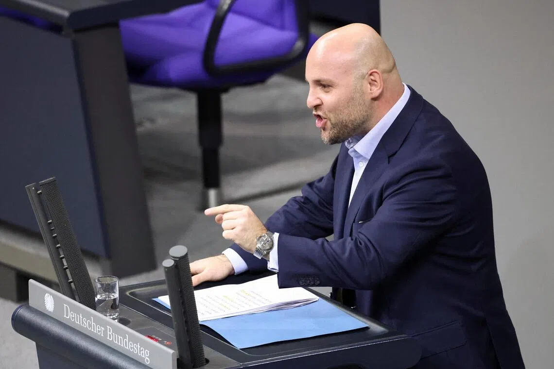 AfD member Markus Frohmeier speaks during a session of Germany's lower house of parliament, the Bundestag, in Berlin, Germany, November 5, 2025.  REUTERS/Nadja Wohlleben