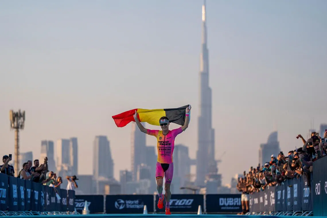 Marten Van Riel crossing the finishing line at the final leg of the 2024 T100 series in Dubai.