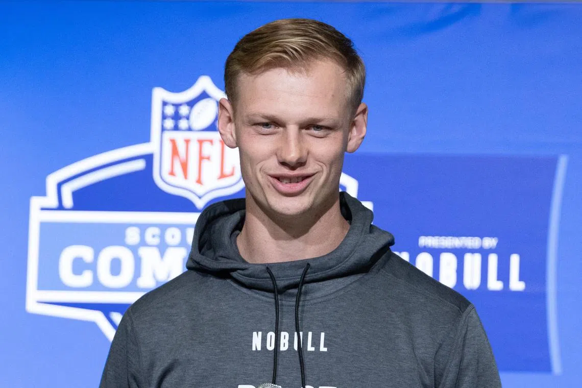 FILE PHOTO: Mar 2, 2023; Indianapolis, IN, USA; Auburn place kicker Anders Carlson (PK03) speaks to the press at the NFL Combine at Lucas Oil Stadium. Mandatory Credit: Trevor Ruszkowski-USA TODAY Sports/File Photo