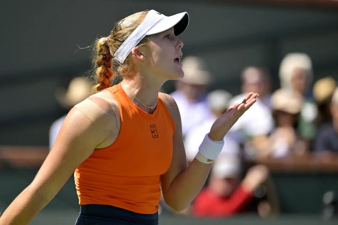 Mar 16, 2025; Indian Wells, CA, USA;  Mirra Andreeva (RUS) reacts during the final match as she defeated Aryna Sabalenka (not pictured) in the BNP Paribas Open at the Indian Well Tennis Garden. Mandatory Credit: Jayne Kamin-Oncea-Imagn Images